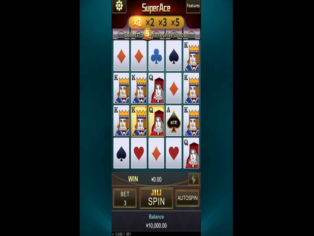 Screenshot of the JILI slot game Super Ace showing the game grid, betting options, and multipliers on a mobile interface